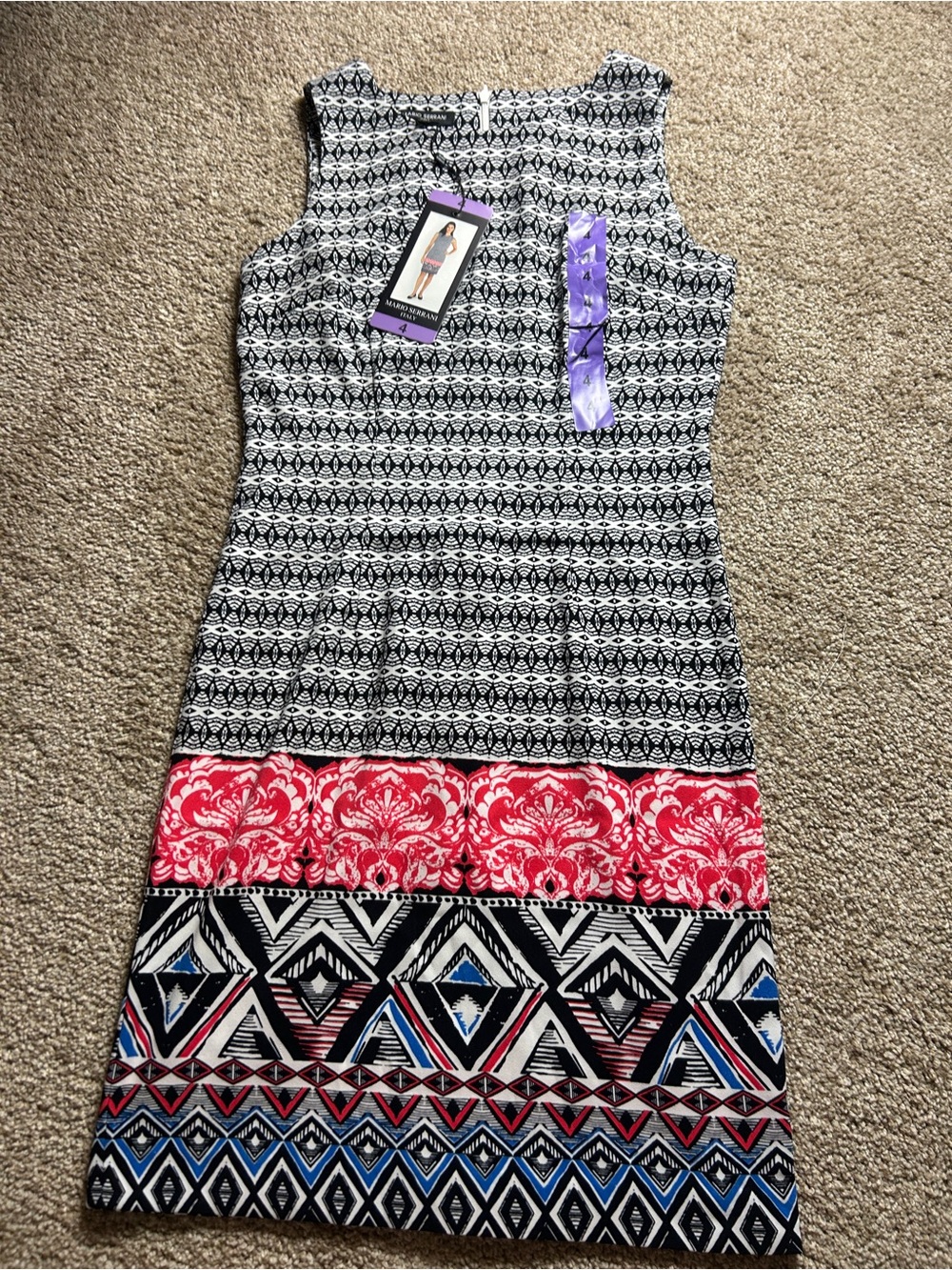 Mario Serrani Sleeveless Shift Dress Geometric Print Size XS NWT Career Casual